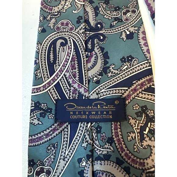 Oscar De La Renta Couture Collection Mens Paisley Silk Necktie Blue & Purple - Picture 4 of 5
